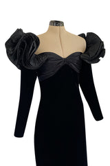 Dramatic 1980s Nina Ricci Black 'Garda' Velvet Dress w Pleated Silk Taffeta Ruffled Shoulders