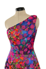 Prettiest 1970s Bergdorf Goodman One Shoulder Silk Brocade Woven Pink Rose Dress