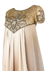 c.1958-1965 Helen Rose Hand Beaded Ivory Silk Chiffon & Gold Dress