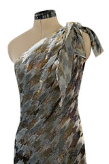 1970s Mollie Parnis Metallic Silver Gold & Copper Fluid Velvet One Shoulder Dress