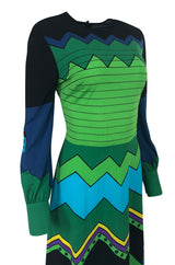 1970s Louis Feraud Turquoise & Green Printed Jersey Maxi Dress