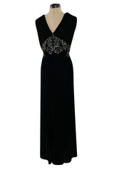 Rare 1920s 1930s Unlabeled Silk Velvet Dress w Rhinestones & Matching Open Shoulder Jacket