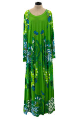 Phenomenal Early 1970s La Mendola Green Silk Jersey Caftan Dress w Silk Chiffon Overlay