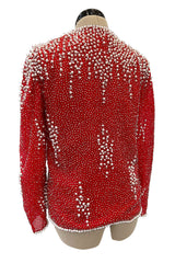 Prettiest 1980s Victoria Royal Faux Pearl & Silver Tube Bead Red Jacket