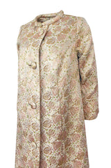 1960s Unlabeled Pink & Gold Metallic Silk Brocade Maxi Coat