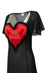 1990s Moschino Love Me Baby Red Heart on Black Net Lingerie Dress