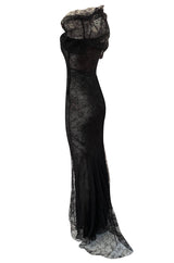 Incredible 2000s John Galliano Fine Black Lace Dress w Train & High Collar