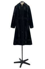 Fabulous 1960s Zip Front Flat Pile Faux Fur Black Coat w Wide Braided Edging Details