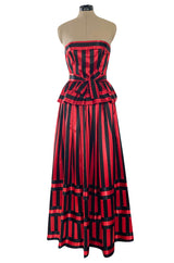 Stunning 1970s Victor Costa Red & Black Striped Satin Finish Strapless Dress