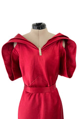 Stunning 1930s Hammered Silk Satin Deep Red Dress w Low Back & Unusual Sleeves