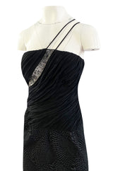 1970s James Galanos Couture Textured Puff Silk One Shoulder Dress w Transparent Lace Inset