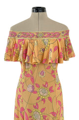 Prettiest 1960s Emilio Pucci Pink & Yellow Print on Peach Silk Chiffon Ruffled Off Shoulder Dress