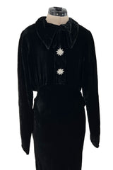 Gorgeous 1930s Bias Cut Black Silk Velvet Dress w Incredible 3D Star Buttons