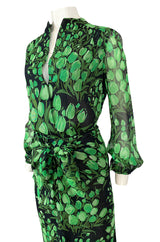 Spring 1972 Pauline Trigere Cotton Silk Voile Green Tulip Print Skirt & Top Set