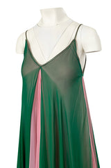 1960s Unlabeled Multiple Layered Pink & Green Chiffon Swing Maxi Dress