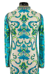 Gorgeous 1970s Mr. Dino Elaborate Print Mini Shift Dress in Turquoise & Yellows