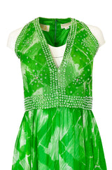 1960s Victoria Royale Green & White Print Silk Chiffon Beaded Dress