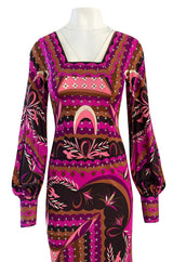 1960s Emilio Pucci Pink Floral & Ribbon Print Silk Jersey Dress w Matching Silk Chiffon Scarf