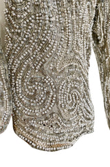 Documented 1981 Halston Silver Beaded & Pearl Grey Silk Net Couture Jacket