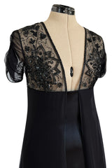 Stunning 1990s Valentino Black Silk Chiffon Dress w Sheer Beaded Net Bodice