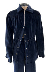 Numbered 1970s Andre Courreges Deep Blue Velvet Zip Jacket & Wide Legged Pant Set