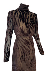 1970s Pauline Trigere Fused Velvet & Chocolate Silk Chiffon Dress w Attached Tie at Neck