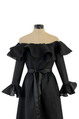 Gorgeous 1972 Nina Ricci Black Silk Gazaar Off Shoulder Dress W Ruffled Finishes