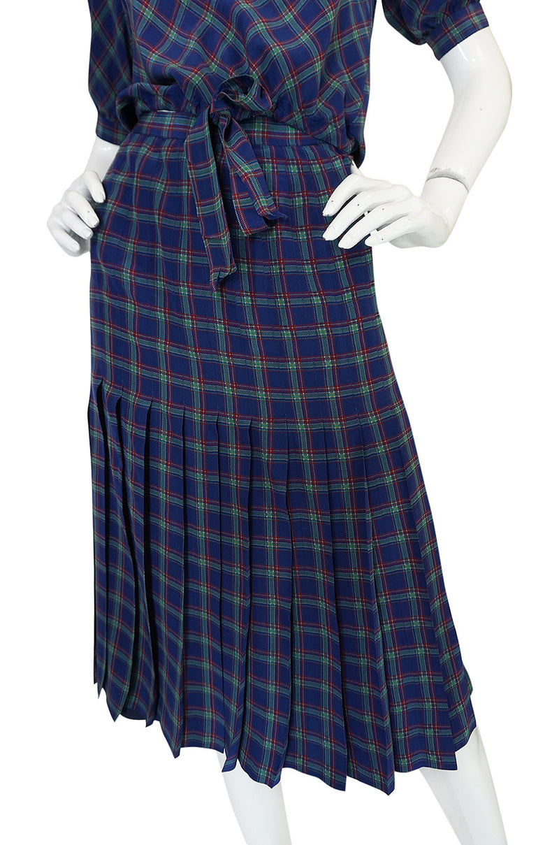 Early 1980s Chanel Silk Drawstring Top & Pleated Skirt Set