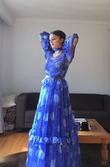 Resort 1978 Blue Tiered Floral Silk Chiffon Oscar de la Renta Dress