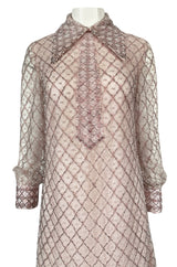 1960s Valentina Inc Pink Beaded Shift Dress w Front Collar Detailing