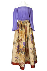 Fall 1977 Bill Blass Printed Silk Taffeta Skirt & Off Shoulder Purple Silk Top Dress Set