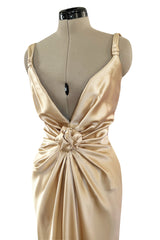 Iconic Fall 1980 John Anthony Couture Plunge Front Gold Silk Charmeuse Halter Dress w Bare Back