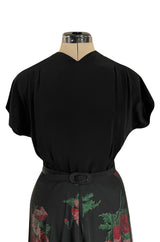 Gorgeous 1930s Best & Co. Black Silky Rayon Top w Netted Over Floral Printed Swing Skirt