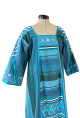 1960s Josefa Hand Made Ocean Blue Caftan Dress w Embroidery & Ribbon Details