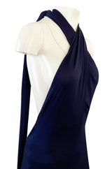 Important 1977 Halston Couture Navy Multi-Way Silk Jersey Plunge Dress w Extra Long Ties
