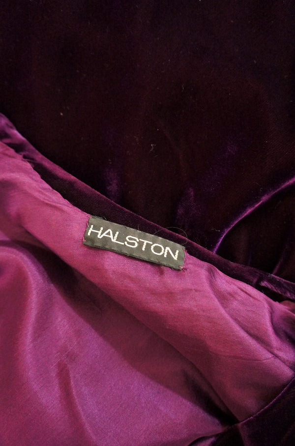 1970s Purple Velvet Halston Plunge Dress