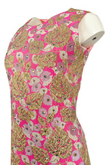 1960s Kiki Hart Silver, Gold & Pink Silk Brocade Dress w Rhinestone Detailing