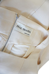 Feminine 1960s Sculptural Cream Silk Teal Traina Dress
