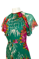 Documented 1973 Scott Barrie Pink & Green Floral Backless Silk Chiffon Dress