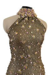 Incredible 1990s John Anthony Couture Gold Lame Mesh Beaded Dress w Beaded Choker