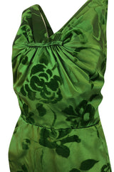 c.1955 Jean Desses Green Silk Dress w Fused Velvet Detailing