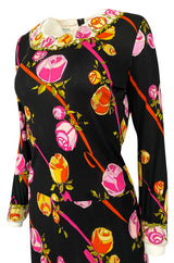 1960s Emilio Pucci Prettiest Pink Floral Print & Black Silk Jersey Dress