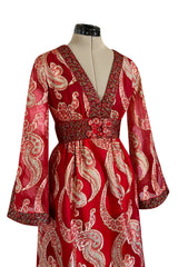 Spectacular 1970s Bill Blass Red Organza & Gold Metallic Applique Dress