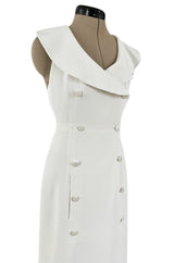 Chic Cruise 1997 Chanel by Karl Lagerfeld White Dress w Large Collar & Logo Buttons