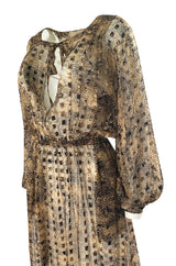 1970s Holly's Harp Silk Ribbon Chiffon Taupe & Black Print Dress