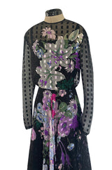 Beautiful 1970s Ted Lapidus Ribbon Weave Silk Chiffon Dress w Prettiest Floral Print