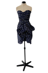 1980s Loris Azzaro Deep Blue Silk Strapless Dress w White Dots & Unusual Skirt