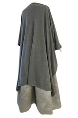 1980s Oscar de la Renta Soft Grey Cashmere & Striped Silk Skirt Dress w Matching Shawl