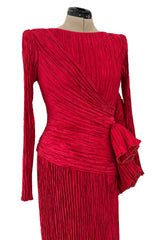Runway Fall 1988 Mary McFadden Couture Red Pleated Dress w Gold Edged Ruffle Detailing