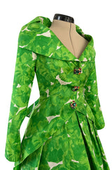1980s Jean Louis Scherrer Couture Printed Green Silk Gazar Dress w Poured Glass Gripoix Buttons